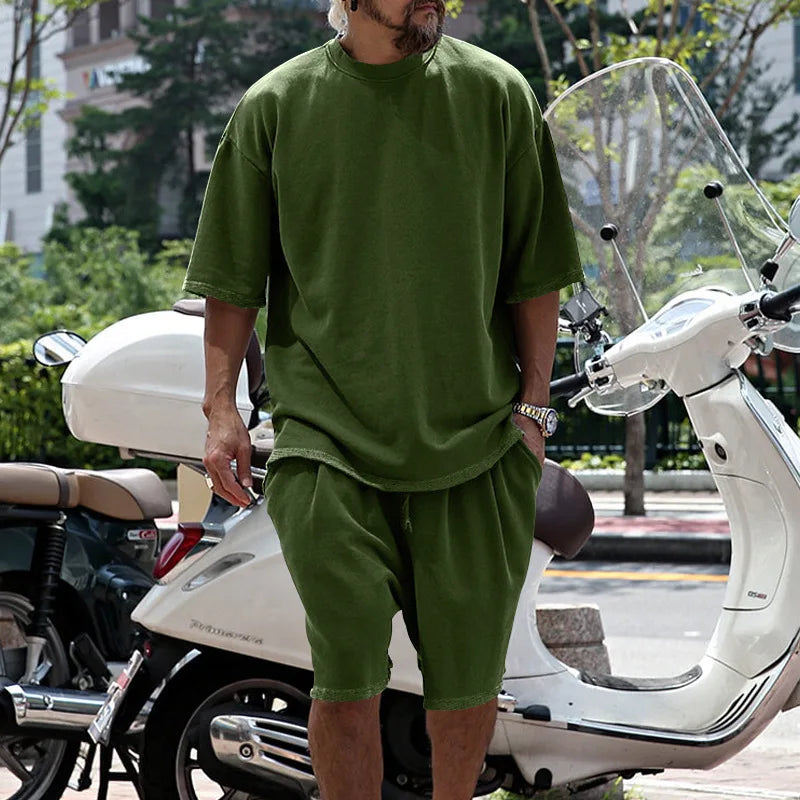 2024 Summer New Large Cotton Men Set Casual Sports round Neck Solid Color Loose Male Two Piece Set