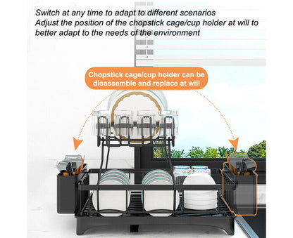 2 Tier Dish Drainer Drying Rack in Carbon Steel with Kitchen Counter Cup and Cutlery Holder