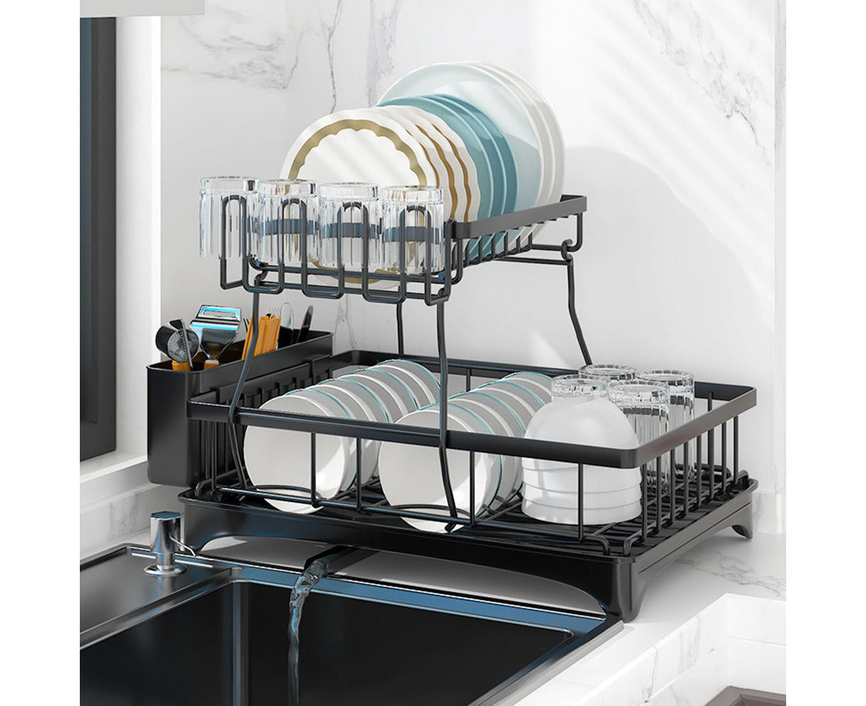 2 Tier Dish Drainer Drying Rack in Carbon Steel with Kitchen Counter Cup and Cutlery Holder