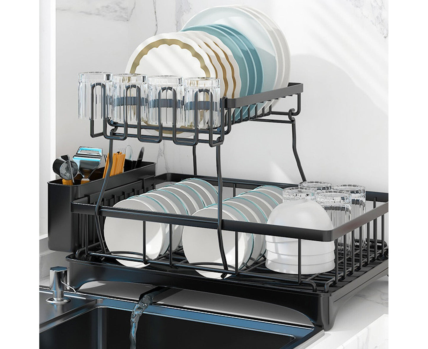 2 Tier Dish Drainer Drying Rack in Carbon Steel with Kitchen Counter Cup and Cutlery Holder