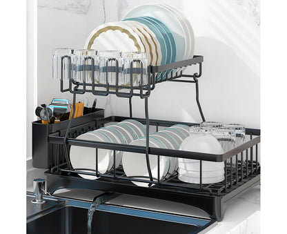 2 Tier Dish Drainer Drying Rack in Carbon Steel with Kitchen Counter Cup and Cutlery Holder