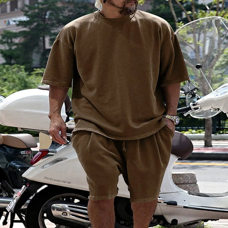 2024 Summer New Large Cotton Men Set Casual Sports round Neck Solid Color Loose Male Two Piece Set