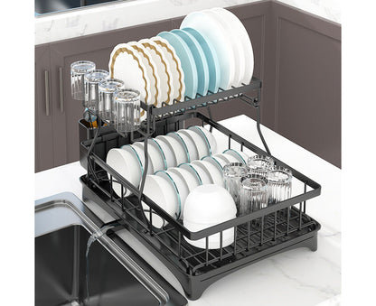 2 Tier Dish Drainer Drying Rack in Carbon Steel with Kitchen Counter Cup and Cutlery Holder