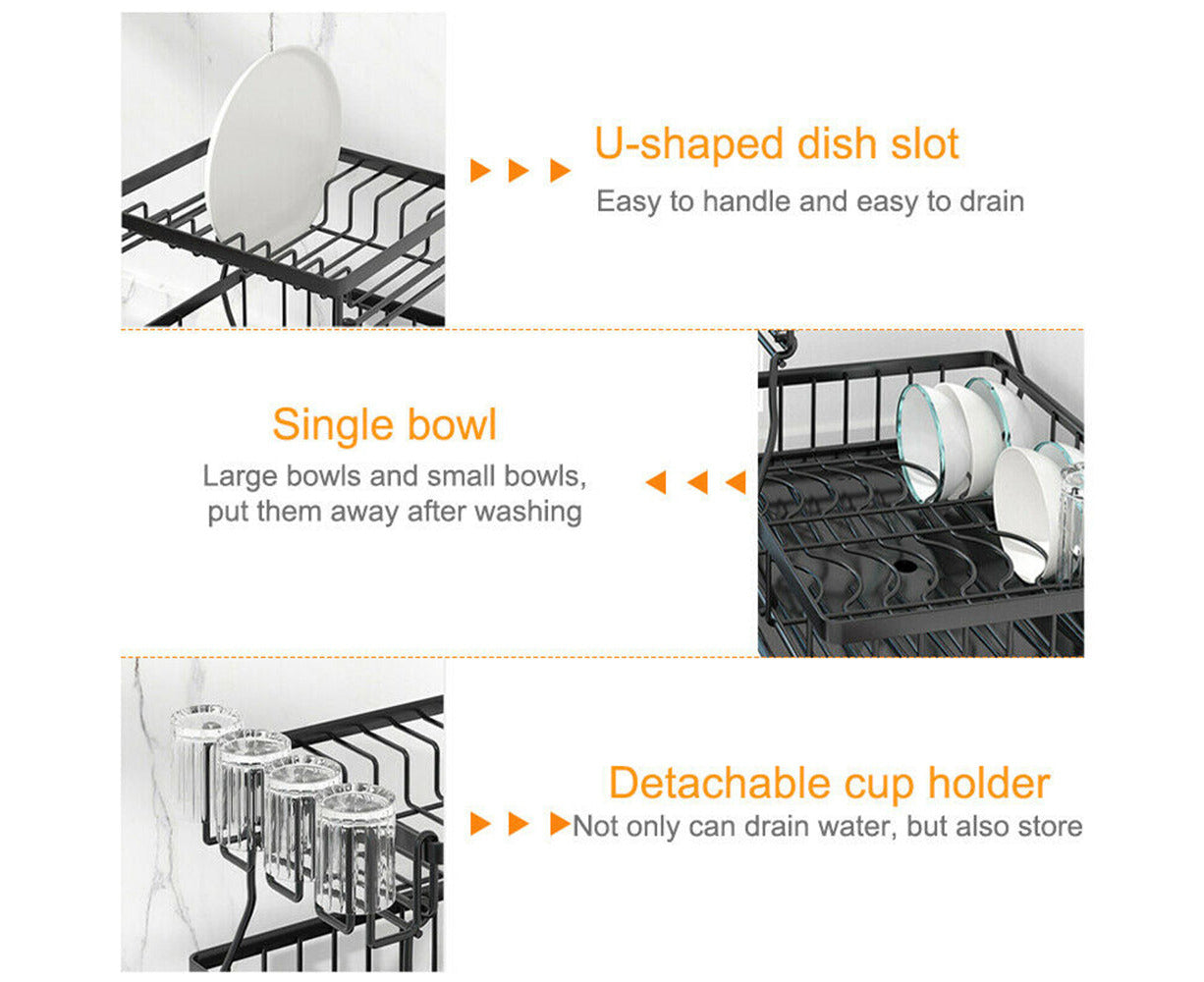 2 Tier Dish Drainer Drying Rack in Carbon Steel with Kitchen Counter Cup and Cutlery Holder