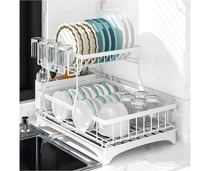 2 Tier Dish Drainer Drying Rack in Carbon Steel with Kitchen Counter Cup and Cutlery Holder