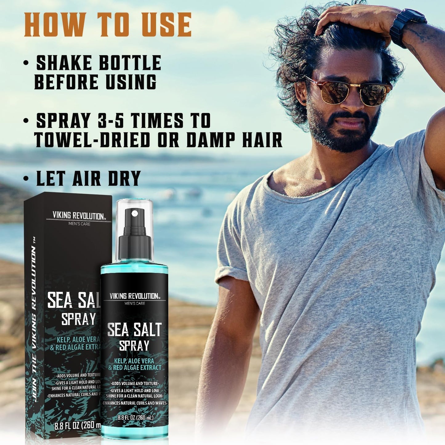 '- Sea Salt Spray for Hair Men - 260 Ml - Hair Texturizing Spray with Kelp, Aloe Vera & Red Algae Extract - Surf Spray - Volume & Texture - Gifts for Men