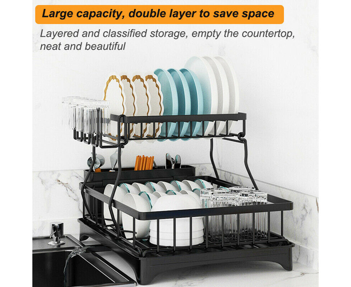 2 Tier Dish Drainer Drying Rack in Carbon Steel with Kitchen Counter Cup and Cutlery Holder