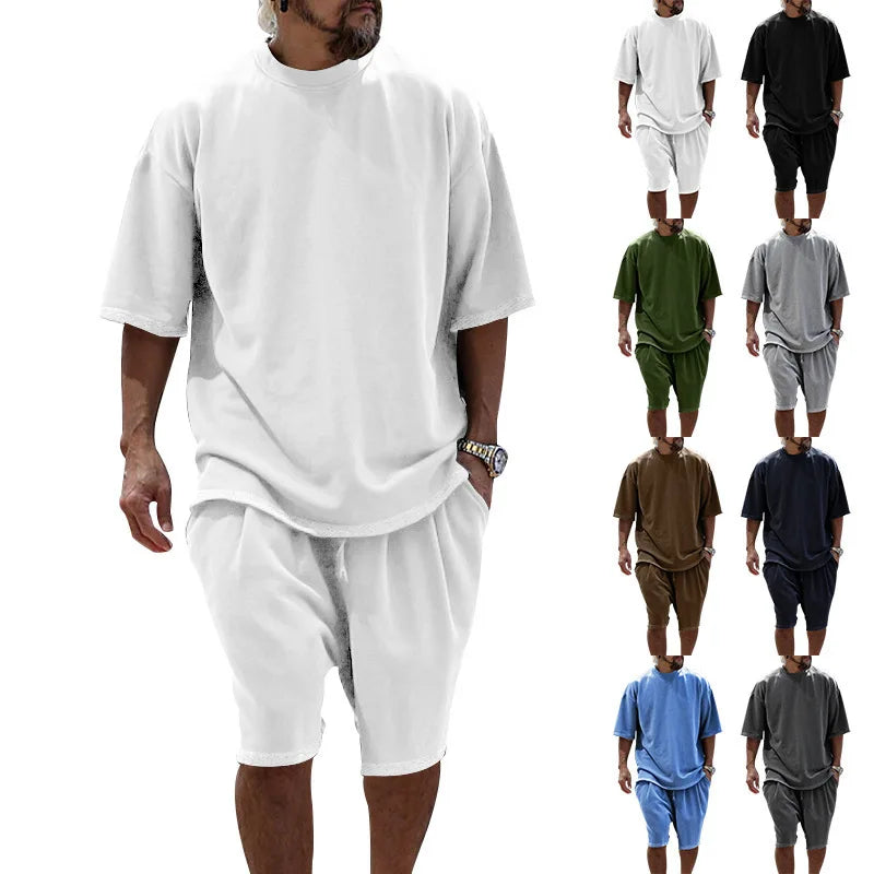 2024 Summer New Large Cotton Men Set Casual Sports round Neck Solid Color Loose Male Two Piece Set