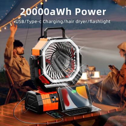 20000Mah Battery Operated Fan, Portable Rechargeable Desk/Camping Fan with LED Light and Hook, Outdoor Fan for Tent Car Trip